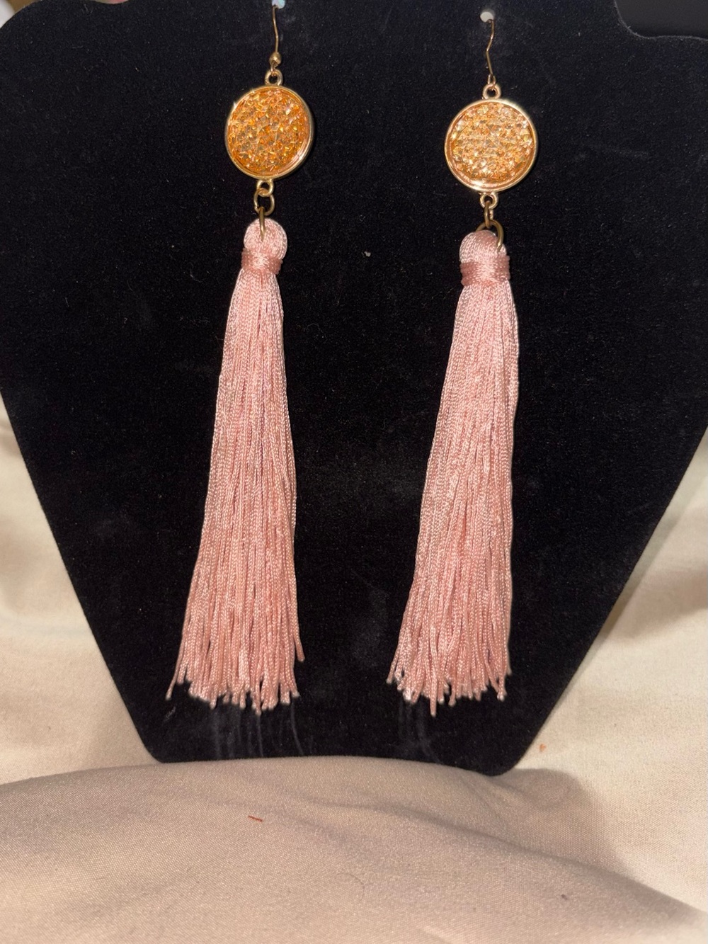 Long Blush Pink Druzy Style Tassel Dangle Earrings Gold Tone 6"